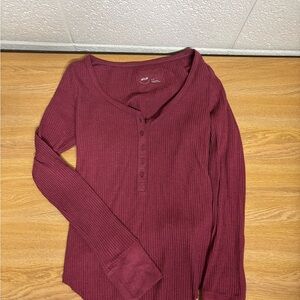 aerie Ribbed Henley Long-Sleeve Top in Wine